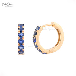 New Arrival 14k Yellow Gold Latch <b>Back</b> Huggie Hoops 2mm Round Cut Blue Sapphire Gemstone Wholesale <b>Earrings</b> at Discounted Price - Product Image 1