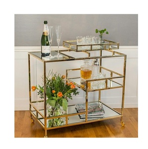 Multi-Tier Gold Bar Cart <b>with</b> <b>Mirror</b> Shelves Large Geometric Gold Drink Trolley <b>with</b> Removable Top Serving Tray - Product Image 3