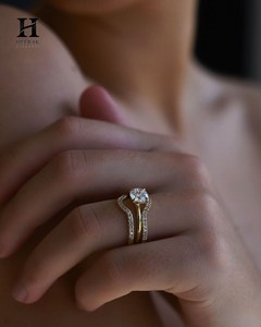 Minimalist Oval Diamond Engagement <b>Ring</b> Two Piece Set Wave Curved Pavé Band <b>Thin</b> Shank Fine <b>Ring</b> For Women - Product Image 6