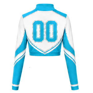 Maillot de cheerleading sublimé cyan et blanc à manches longues – Tenue de sport athlétique pour entraînement, performance et compétition - Product Image 2