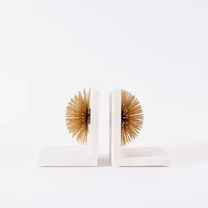 Luxury White Marble Art Deco Engraved Bookends with Gold Starburst Accents for Home Office & <b>Library</b> Display - Product Image 6