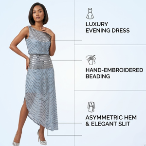 Elegant <b>Silver</b> Sequin Shimmer Sleeveless Midi <b>Dress</b> for <b>Women</b> | Evening Cocktail | Asymmetric Hem Beaded Waist Occasion Gown - Product Image 5