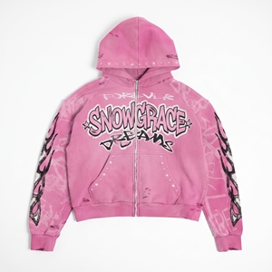 Snowgrace <b>Pink</b> Hooded Zip-Up <b>Sweatshirt</b> French Terry Oversized Streetwear Design Pocket Front Print Autumn Wear Unisex - Product Image 1