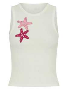 Crop top blanc brodé à thème marin pour femme, sans manches, col rond, en coton fait main, débardeur décontracté d'été - Product Image 5