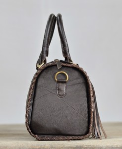 Western Style 100% Genuine Leather Speedy Handbag With Cowhide Panel & Brown Florals Tooling Black & White Cowhide Fur For Women - Product Image 5
