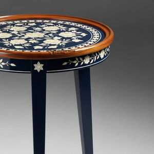 Blue Floral Meena Wooden <b>Stool</b> – Handcrafted Round Decorative Accent <b>Stool</b> Side <b>Table</b> - Product Image 3
