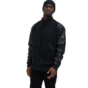Blouson universitaire noir pour homme, manches en cuir PU, col montant Twin City, coupe décontractée, couleur unie, fermeture boutonnée, idéal pour l'automne - Product Image 1