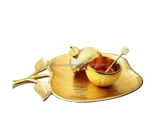 Gold Metal Apple Shape Honey Dish Bowl With Apple Removable Honey Pot Jar with Spoon Judaica Gifts For Rosh Hashanah Fruit Bowl