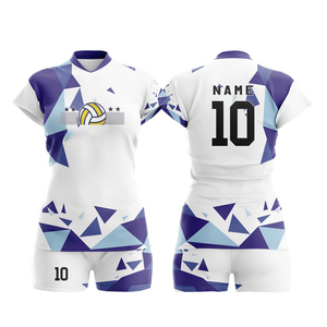 Conjunto de Uniforme de Voleibol Sublimado Personalizado para Mujer, Blanco y Morado con Estampado Geométrico, Cuello en V, Manga Corta, Absorbe la Humedad, Ajustado - Product Image 1