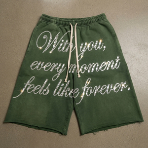 Shorts de jogging d'hiver pour hommes avec strass, décontractés, à taille élastique et imprimé lettres - Product Image 1
