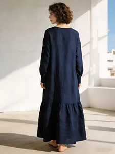 Robe longue en coton et lin bleu marine pour femmes, coupe ample, manches longues, col rond, robe décontractée bohème - Product Image 3