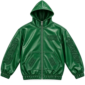 Blouson à capuche personnalisé pour homme en similicuir avec lettrage graphique sur les manches, fermeture éclair intégrale, style urbain et streetwear - Product Image 3