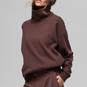 Sweat-shirt à col roulé surdimensionné pour femme, manches longues, couleur unie, tricot en coton, vêtements d'automne - Product Image 4