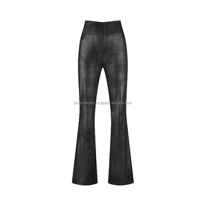 กางเกงหนังสำหรับนักขี่จักรยานหนังวัวแท้เอวสูงสำหรับผู้หญิงแฟชั่นสไตล์ตะวันตกอเมริกันพร้อมซิปวัสดุผ้าฟอกสีเข้ม - Product Image 3