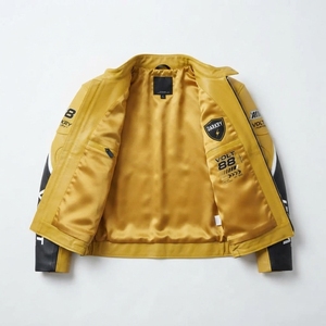 Mens Yellow Black Leather <b>Racing</b> <b>Jacket</b> Volt 88 Graphic Printed Speed Biker Moto Track Apparel Darkry High Streetwear Coat - Product Image 5