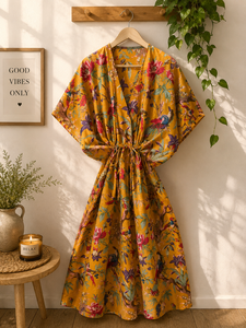 Premium Cotton Maxi <b>Kaftan</b> Dress Women | V-neck Batwing Sleeves | Eco-Friendly Printed Floral | Resort <b>Beach</b> Holiday Wear | - Product Image 3