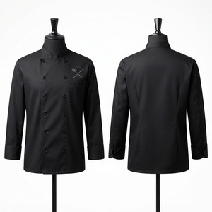 เสื้อเชฟผู้ชายสีดำ ผ้าโพลีคอตตอนทวิลล์พรีเมียม 220 GSM  แผงหน้าคู่ ปักโลโก้ตามสั่ง แขนยาว ชุดยูนิฟอร์มครัว - Product Image 1
