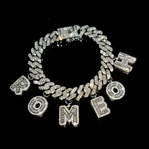 Hip Hop Men's 925 <b>Silver</b> Chain <b>Bracelet</b> With Crystal Letter <b>Charms</b> Round Brilliant Cut Bezel Setting Everyday Wear Jewelry - Product Image 1