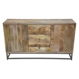 Hexagonal Pattern Doors New Design Solid Mango Wooden Storage <b>Drawers</b> <b>Shelves</b> Natural & Black Kitchen Home Sideboard Cabinet - Product Image 2