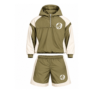 Mens Olive Green Nylon Quarter Zip <b>Hoodie</b> Shorts Set Contrast Panel Lightweight Athletic Gym Training <b>Running</b> Sports Outfit - Product Image 1