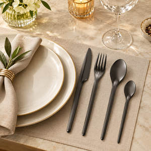 Ensemble de couverts noirs 4 pièces en acier inoxydable |   Ustensiles de table modernes, couteau, fourchette, cuillère à soupe, cuillère à café, vaisselle de cuisine - Product Image 4