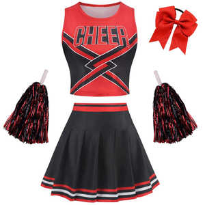 Ensemble d'uniformes de cheerleading rouge et noir avec impression par sublimation, haut, jupe, pompons et nœud, kit pour femmes adultes - Product Image 1