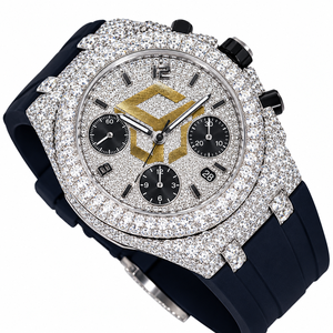 Montre chronographe analogique à quartz pour homme, luxe, sertie de diamants moissanite, avec bracelet en caoutchouc bleu - Product Image 6
