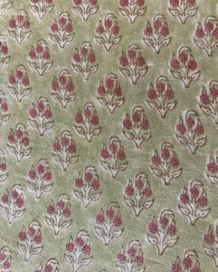 Tissu en coton imprimé à la main – Motif floral petit format |   Base vert olive avec motif rose - Product Image 1