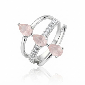Women's Classy & Romantic Design Rhodium Plated Rose Quartz Cz Three Stone Gemstone <b>Ring</b> with <b>Silver</b> Band for Wedding & Party - Product Image 1