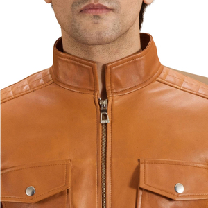 Veste en cuir véritable marron pour homme, coupe ajustée, col montant, fermeture éclair, couleur unie, décontractée, automne, longueur standard - Product Image 6