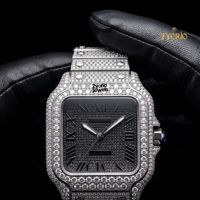 Montre de luxe en moissanite glacée, boîtier carré, cadran en cristal saphir, chiffres romains entièrement pavés, boîtier en acier inoxydable argenté