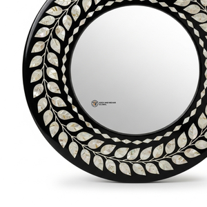 Espejo de Pared Redondo Negro de Lujo con Incrustaciones de Hojas de Madreperla Hechas a Mano y Elegante Borde Botánico - Product Image 4