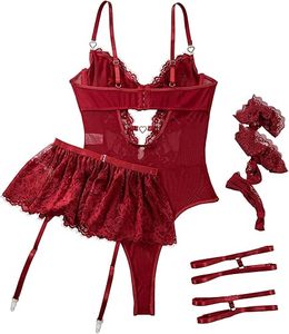 Wire Free Padded Breathable <b>Sexy</b> Solid Woven Lingerie Teddy Bodysuit Skirt <b>Set</b> - Product Image 5