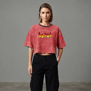 Cheap Price Women's <b>Red</b> <b>Crop</b> <b>Top</b> Short Sleeve Crew Neck Loose Fit Printed Letter Logo Casual Spring Summer 100% Cotton - Product Image 1