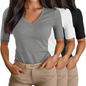 Soft Lightweight Plain V-Neck Regular Top Women's Summer Regular Apparel Short Sleeve - Product Image 1