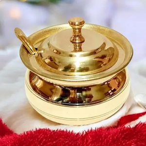 Lovely hand-painted brass ghee <b>pot</b> adorned with vibrant floral leaf motifs and a matching spoon. Available at wholesale price. - Product Image 3