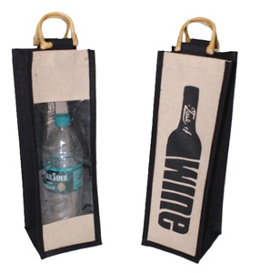 Custom Logo Print One Liter Capacity Wine Bottle Bag PP Laminated Juco with Cane Handle & Front Window for Shopping - Product Image 1
