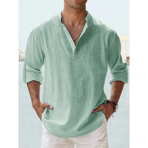 เสื้อเชิ้ตผู้ชายสีดำ คอวี แขนยาว ผ้าฝ้าย/ใยไผ่ ระบายอากาศได้ดี สีพื้น ผ้าป๊อปลิน ใส่ได้ในฤดูร้อน ปกติดกระดุม - Product Image 6