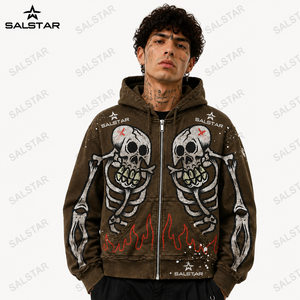 Men's <b>Gothic</b> Skeleton Graphic Brown Hoodie <b>Jacket</b> Custom Printed Zip Up Hoodie Streetwear Casual Fashion Hooded <b>Jacket</b> - Product Image 1