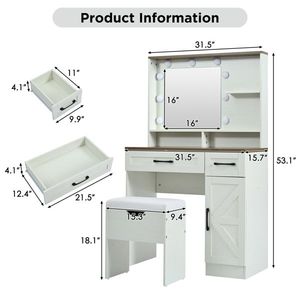 "Farmhouse Glass & Wood <b>Makeup</b> Vanity Desk with 3 Lighting Modes Adjustable Stool & <b>Mirror</b> Lights" - Product Image 3