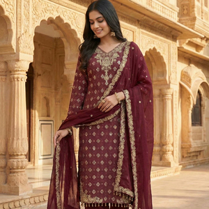 Ensemble de costume en soie GMY de créateur avec kurta brodée à manches longues, palazzo et dupatta à bordure en dentelle - Product Image 1
