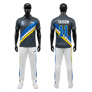 Men's <b>Cricket</b> Uniform Set 180 GSM Moisture Wicking Polyester Interlock <b>White</b> Green Collar Blue Gold Panel Sublimation Logo - Product Image 4