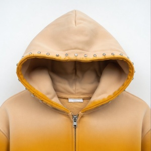 Sudadera con capucha extragrande de felpa francesa con cremallera y logotipo personalizado impreso, de algodón 100% de alto gramaje, estilo vintage desgastado con pedrería. - Product Image 4