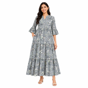 Vestido Maxi Floral Tejido para Mujer, Manga Larga, con Volantes en Capas, Botones al Frente, Casual, Elegante, Holgado, Estilo Boho, Línea A, para Club o Noche - Product Image 1