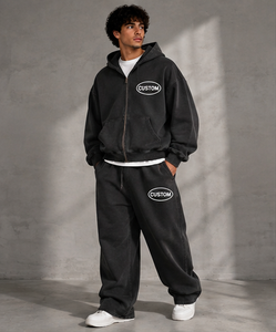 Ensemble de survêtement personnalisé 100 % coton épais, sweat à capuche zippé et pantalon large, unisexe, streetwear, fabricant OEM - Product Image 2