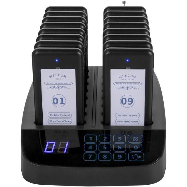 F101 Restaurant Pager System 16 Pagers Max 98 Beepers Wireless Calling Touch Keyboard Vibration Flashing Buzzer Hotels Services