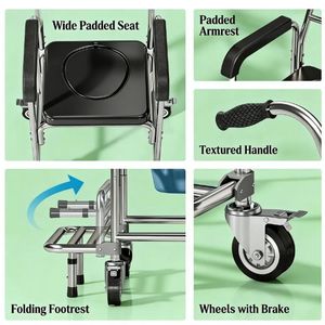 Silla de Ducha y Transporte con Ruedas Negra, Asiento de Inodoro con Función de Desplazamiento, Equipo de Seguridad para Baño - Product Image 3