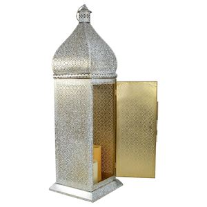 Lámpara de vela de metal estilo vintage, dorada y blanqueada, con diseño marroquí, para uso en interiores o sobre la mesa, a un precio razonable. - Product Image 1