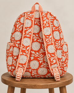 Gorgeous Orange Floral Quilted Backpack Handmade Cotton <b>Bag</b> Boho Indian Style Travel Backpack Lightweight Everyday Carry - Product Image 2