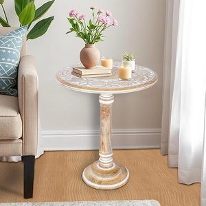 Woodify End <b>Table</b> for Bedroom or Living Room Round <b>Side</b> <b>Table</b> Hand Carved Mango Wood Decorative Pedestal <b>Rustic</b> Distress White - Product Image 1